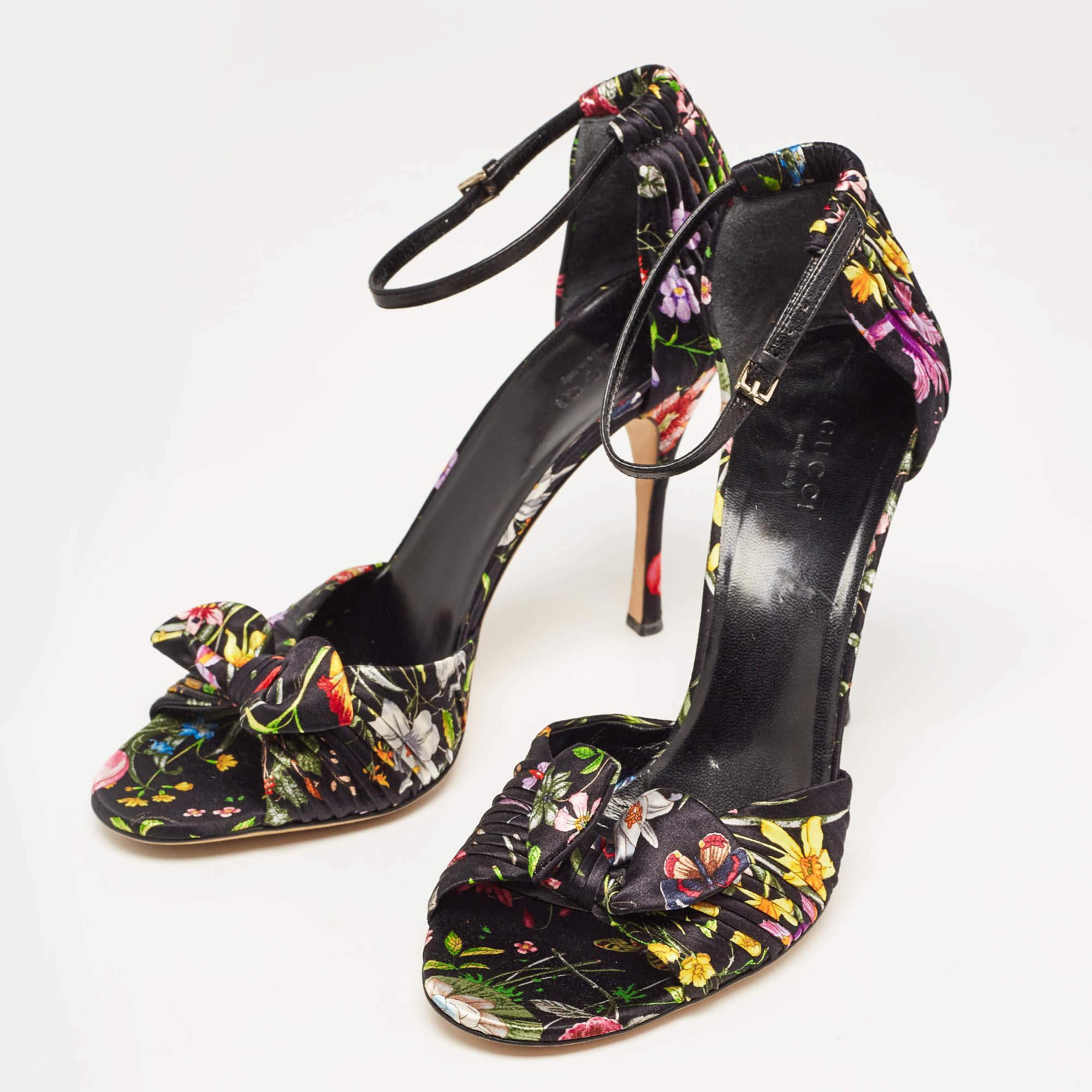 Gucci Black Floral Print Pleated Satin Bow Ankle Strap Sandals Size 39 5