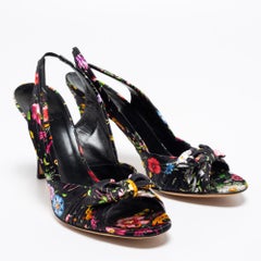 Gucci Black Floral Print Satin Bow Open-Toe Slingback Pumps Size 41