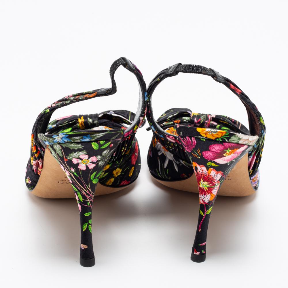 Women's Gucci Black Floral Print Satin Bow Open-Toe Slingback Pumps Size 41