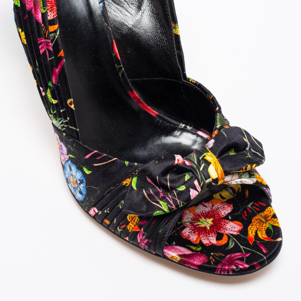 Gucci Black Floral Print Satin Bow Open-Toe Slingback Pumps Size 41 1