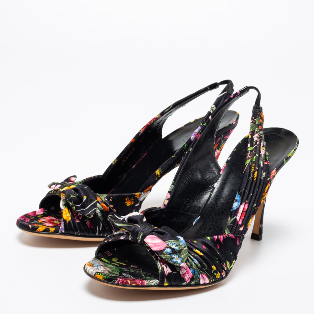 Gucci Black Floral Print Satin Bow Open-Toe Slingback Pumps Size 41 2