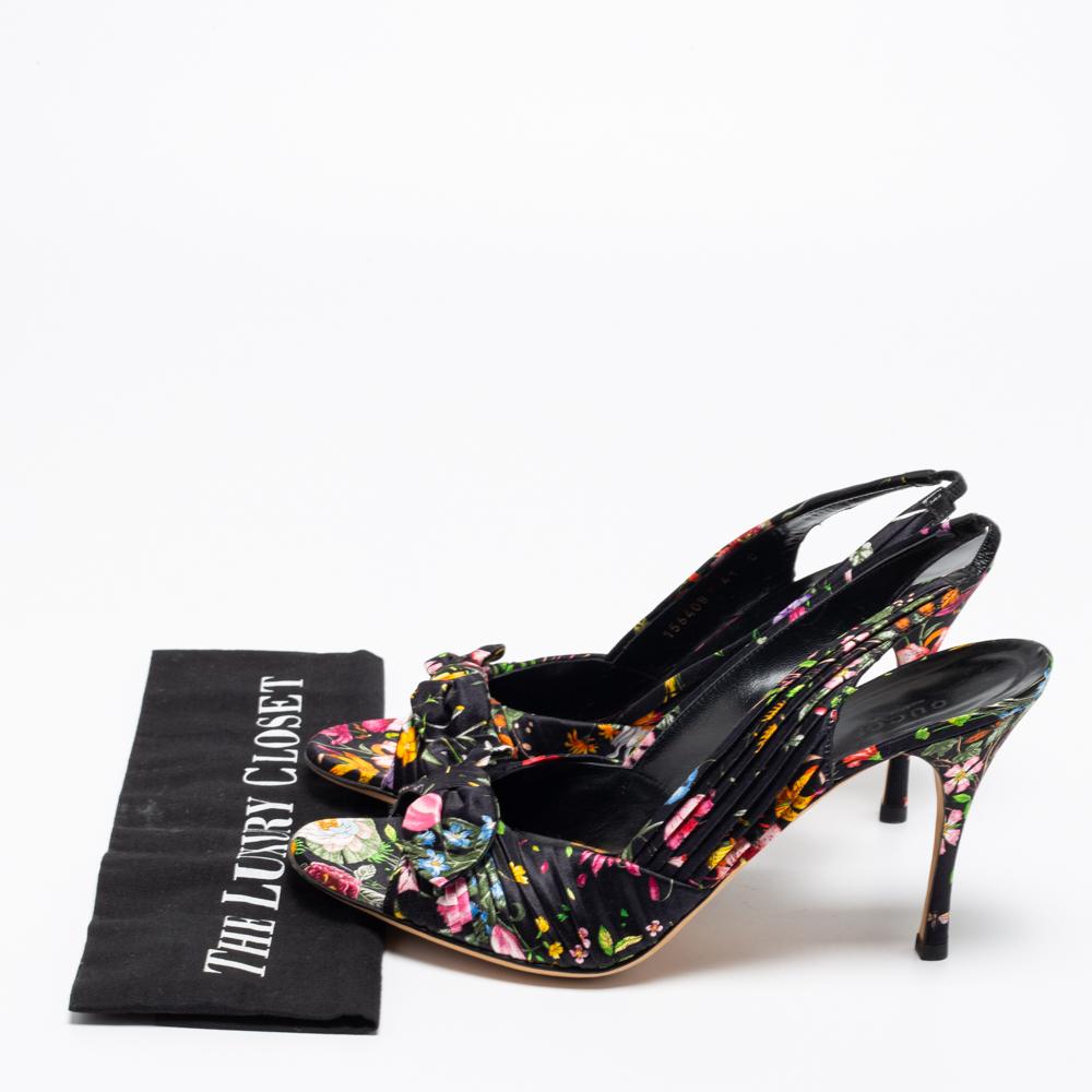 Gucci Black Floral Print Satin Bow Open-Toe Slingback Pumps Size 41 3