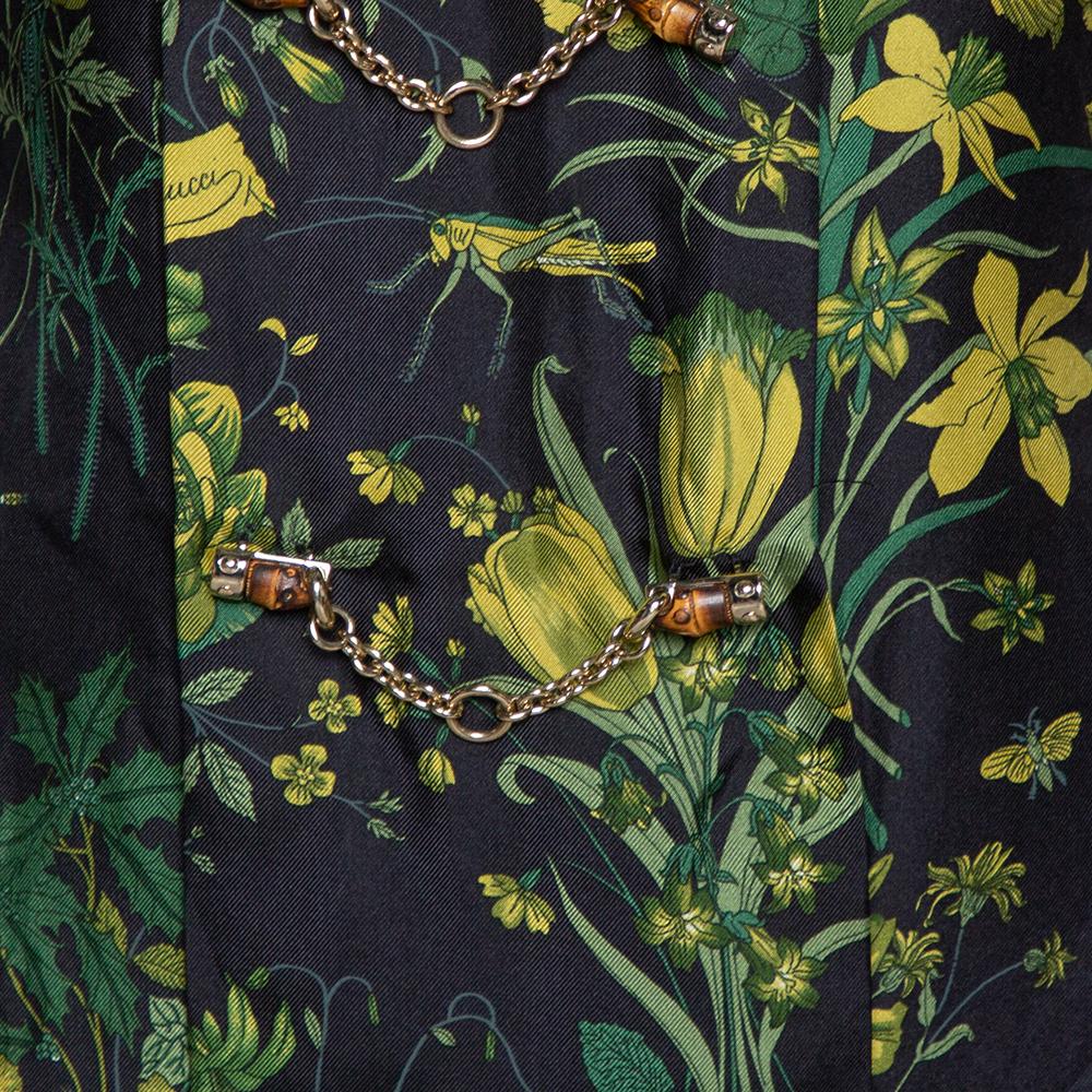 Women's Gucci Black Floral Print Silk Bamboo Chain Detail Mini Dress M