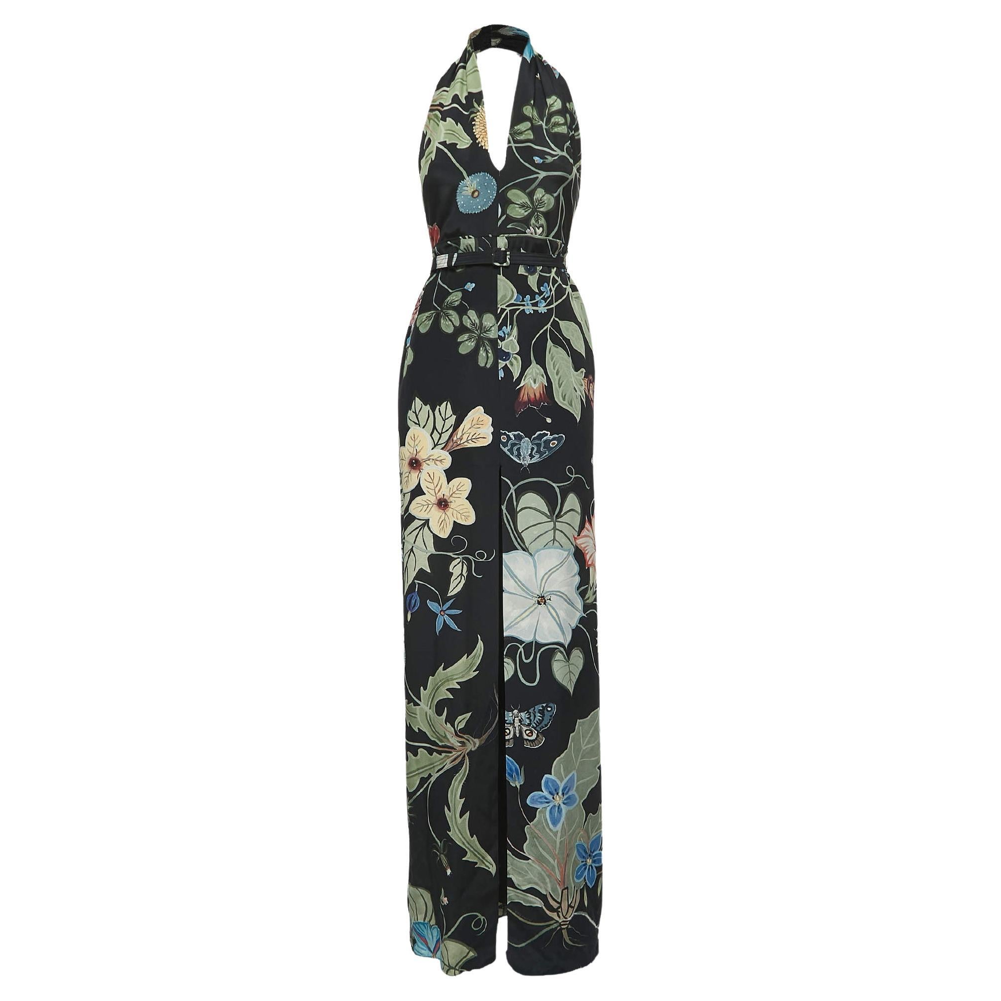 Gucci Black Floral Print Silk Halter Neck Slit Detail Maxi Dress S