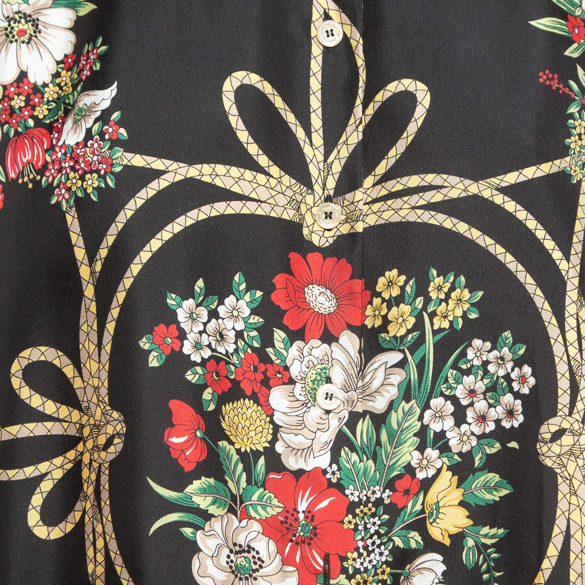 Gucci Black Floral Print Silk Twill Oversized Blouse S In Excellent Condition For Sale In Dubai, Al Qouz 2