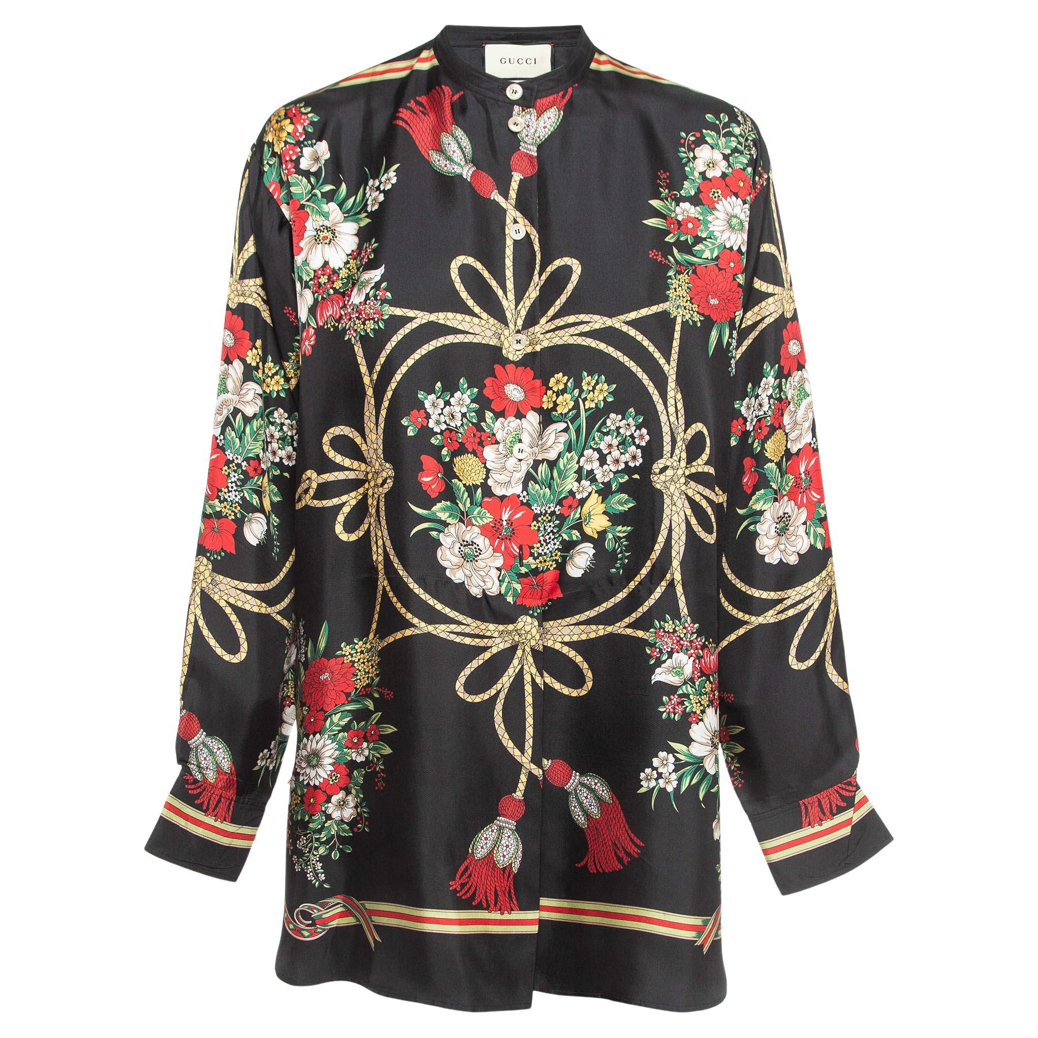 Gucci Black Floral Print Silk Twill Oversized Blouse S For Sale