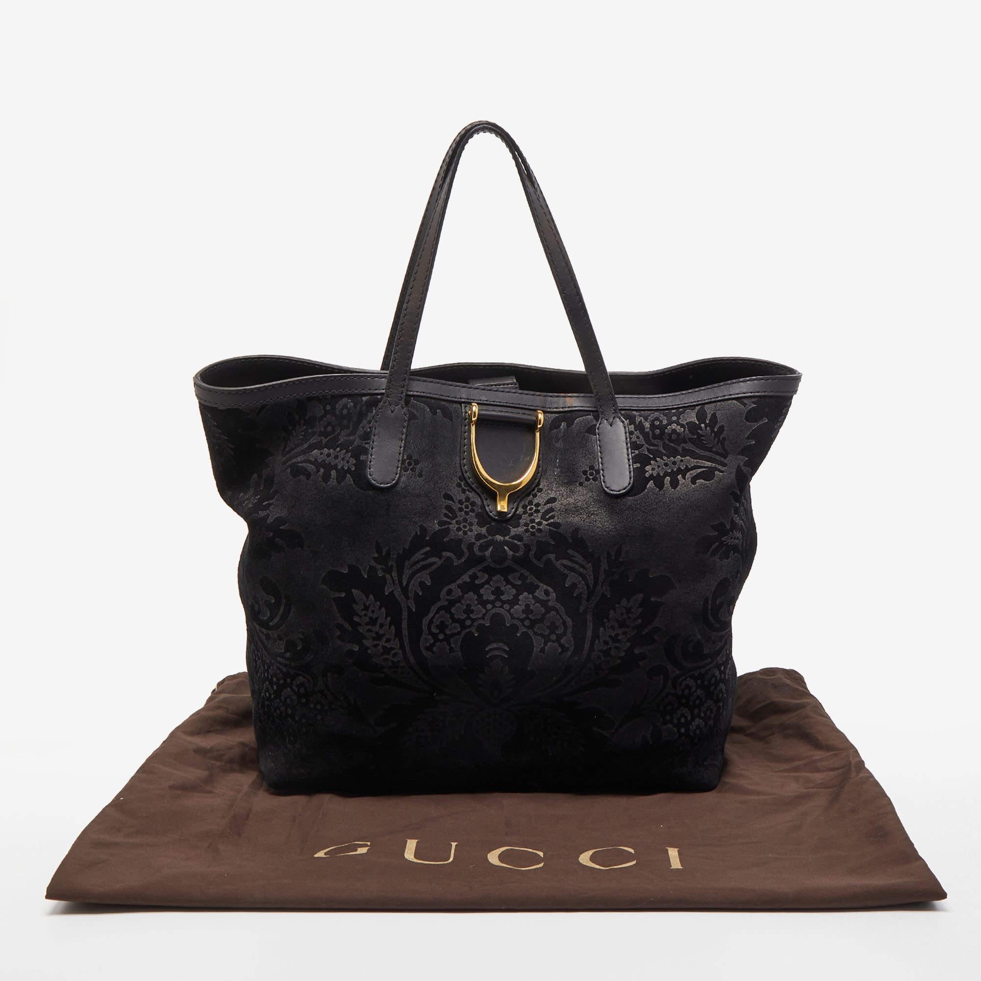 Gucci Black Floral Print Suede Stirrup Tote 8