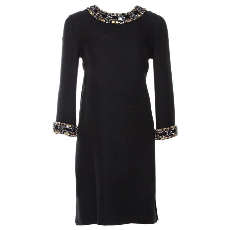 Gucci Black Fluid Silk Crystal Embellished Shift Dress S