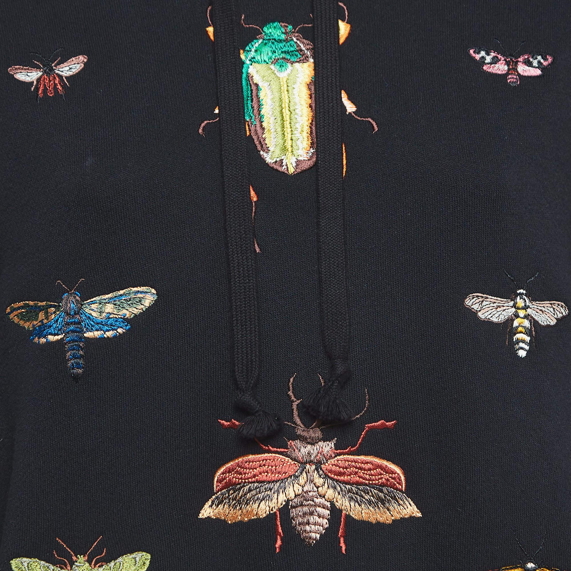 Donna Gucci Felpa con cappuccio in cotone ricamato con insetti del giardino nero XS in vendita