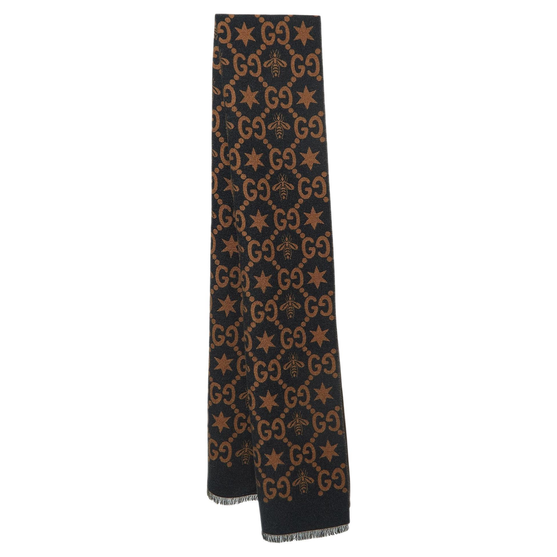Gucci Black GG Bee Stars Patterned Wool Scarf