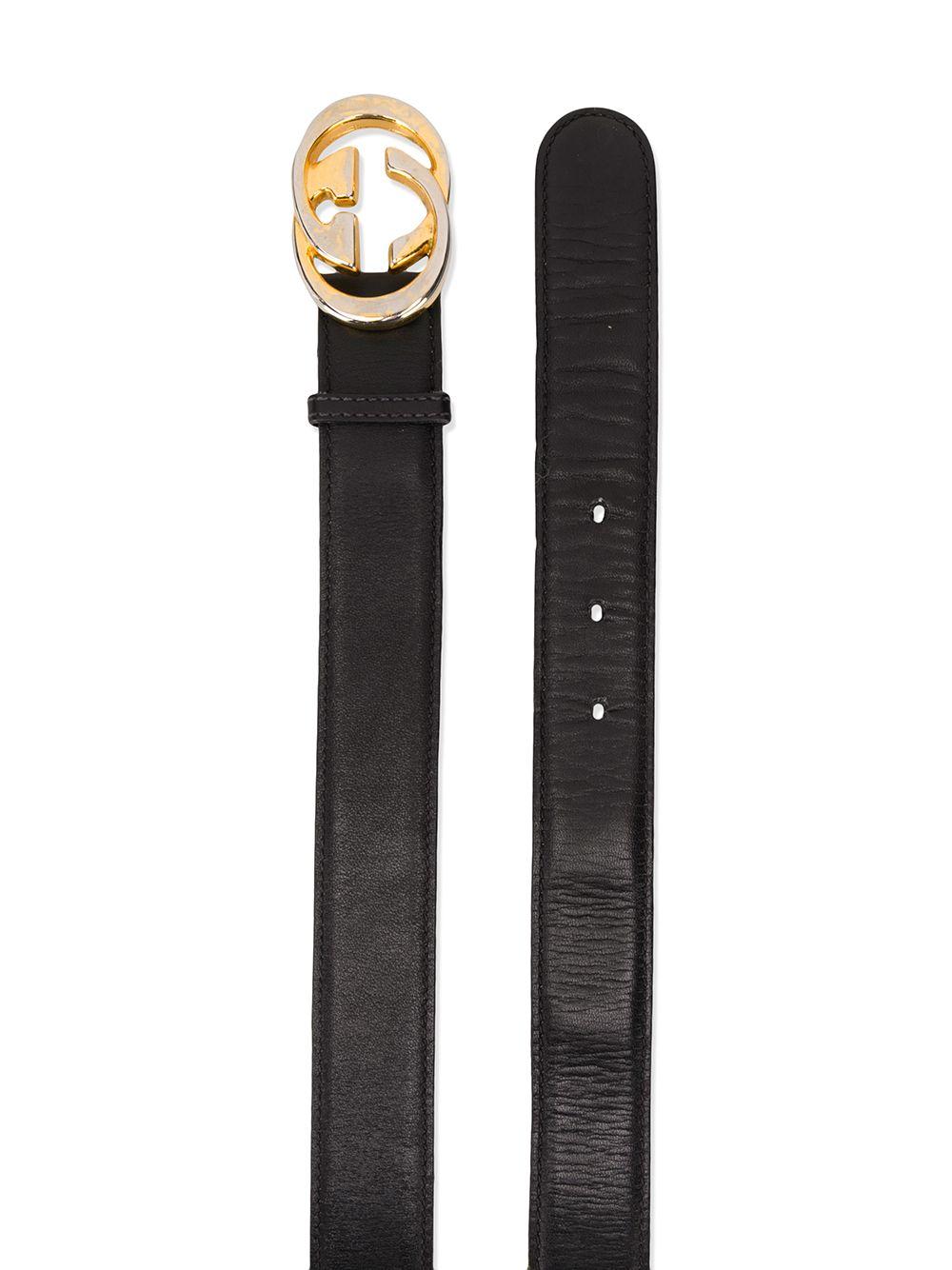 Crafted in Italy from pure black calf leather, this pre-owned belt by Gucci features an adjustable fit, matching stitching and the signature 'GG' logo buckle accented by contrasting gold-tone metal hardware.

Colour: Black/ Gold

Composition: Calf