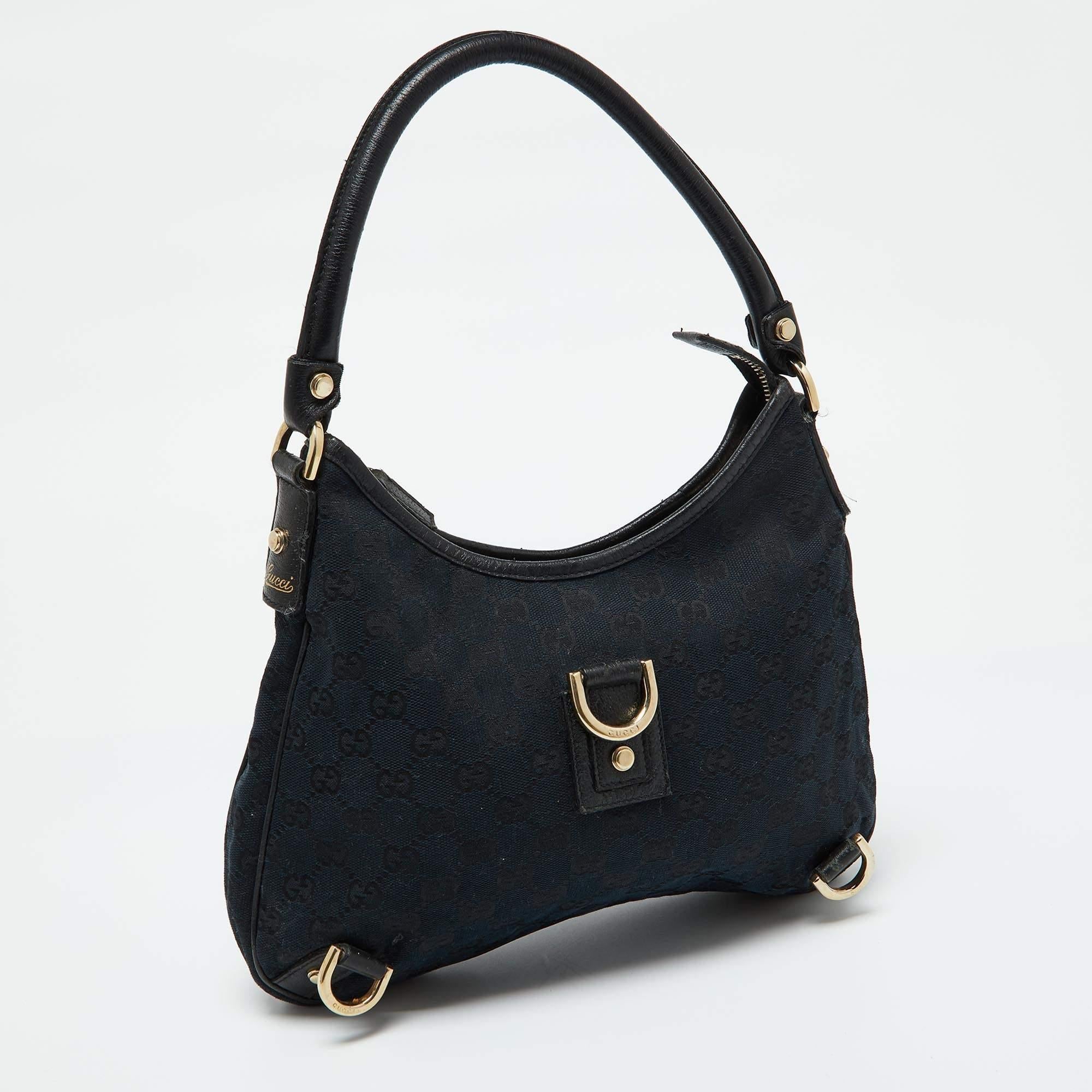 Gucci Black GG Canvas and Leather Abbey D-Ring Hobo In Fair Condition In Dubai, Al Qouz 2