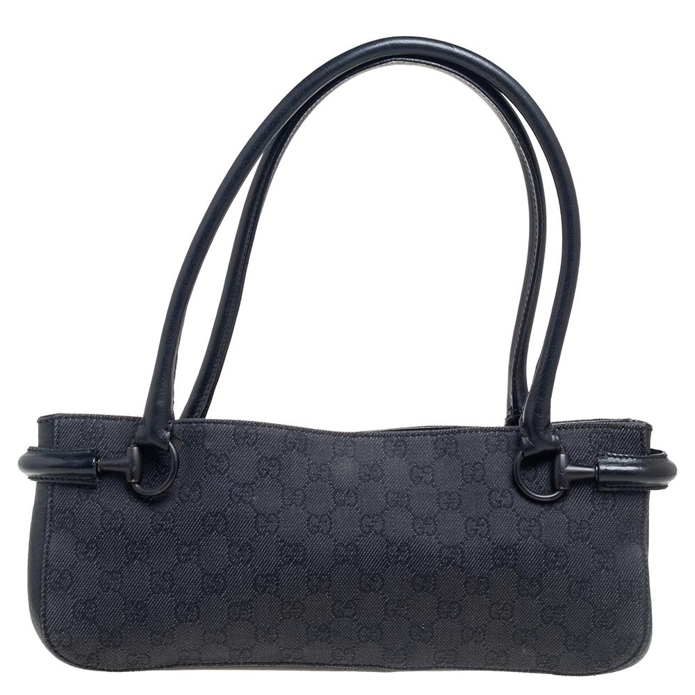 Gucci Black GG Canvas and Leather Baguette Bag 3