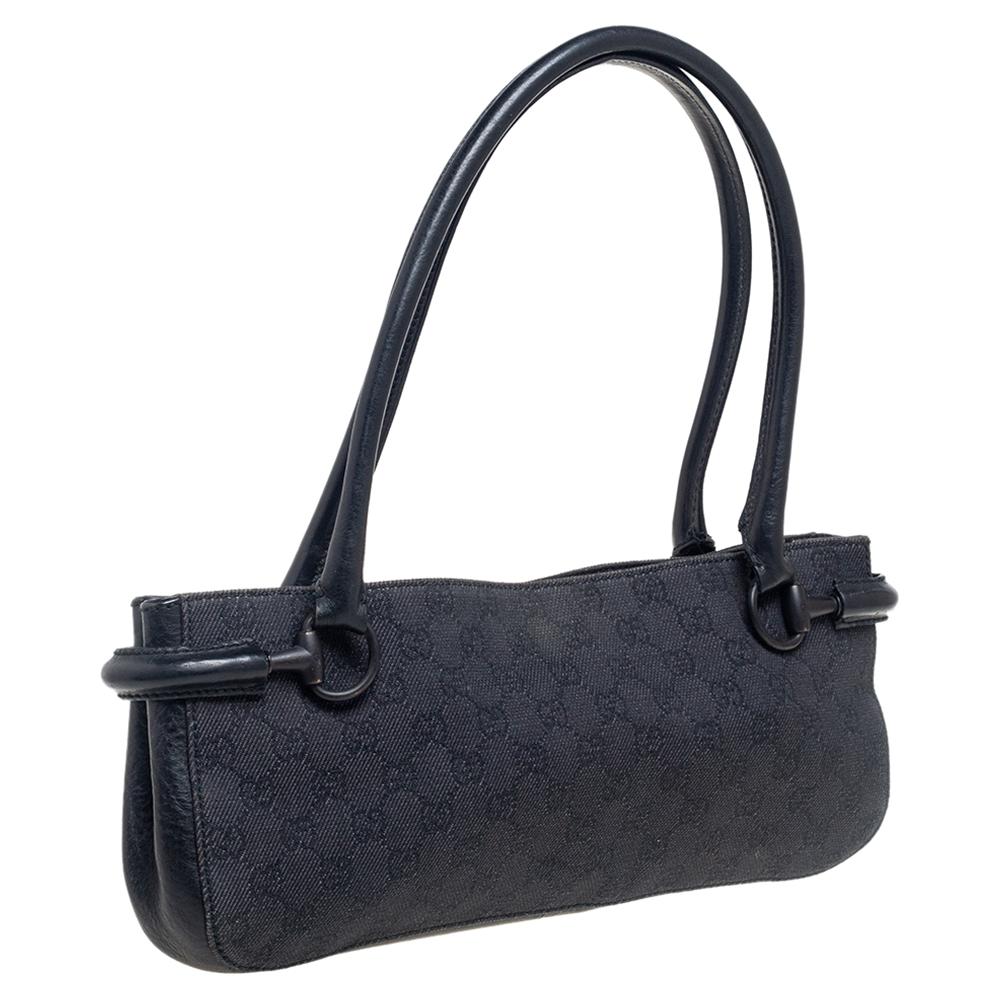 Gucci Black GG Canvas and Leather Baguette Bag 5