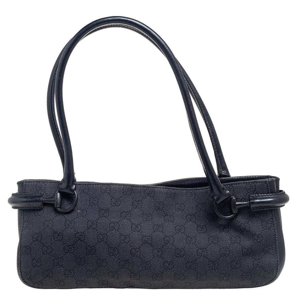 Gucci Black GG Canvas and Leather Baguette Bag 2
