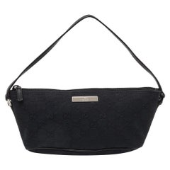 Gucci Black GG Canvas and Leather Baguette Bag