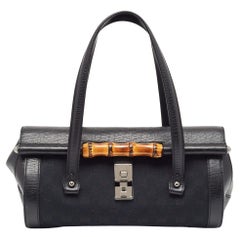 Retro Gucci Black GG Canvas and Leather Bamboo Bullet Satchel