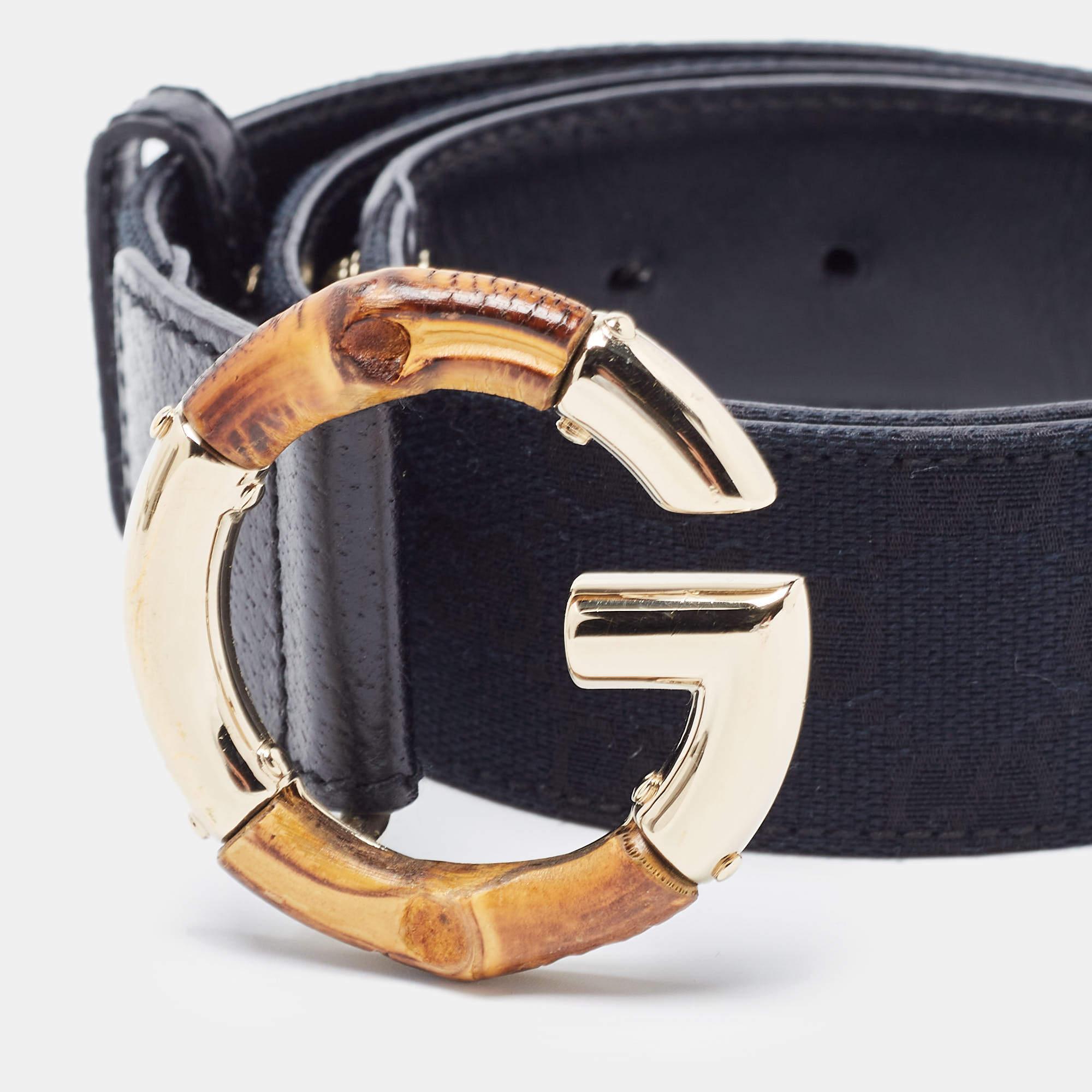 This Gucci black belt will add the perfect finishing touch to your outfit. Crafted from GG canvas and leather, It features a bamboo and polished gold buckle.


