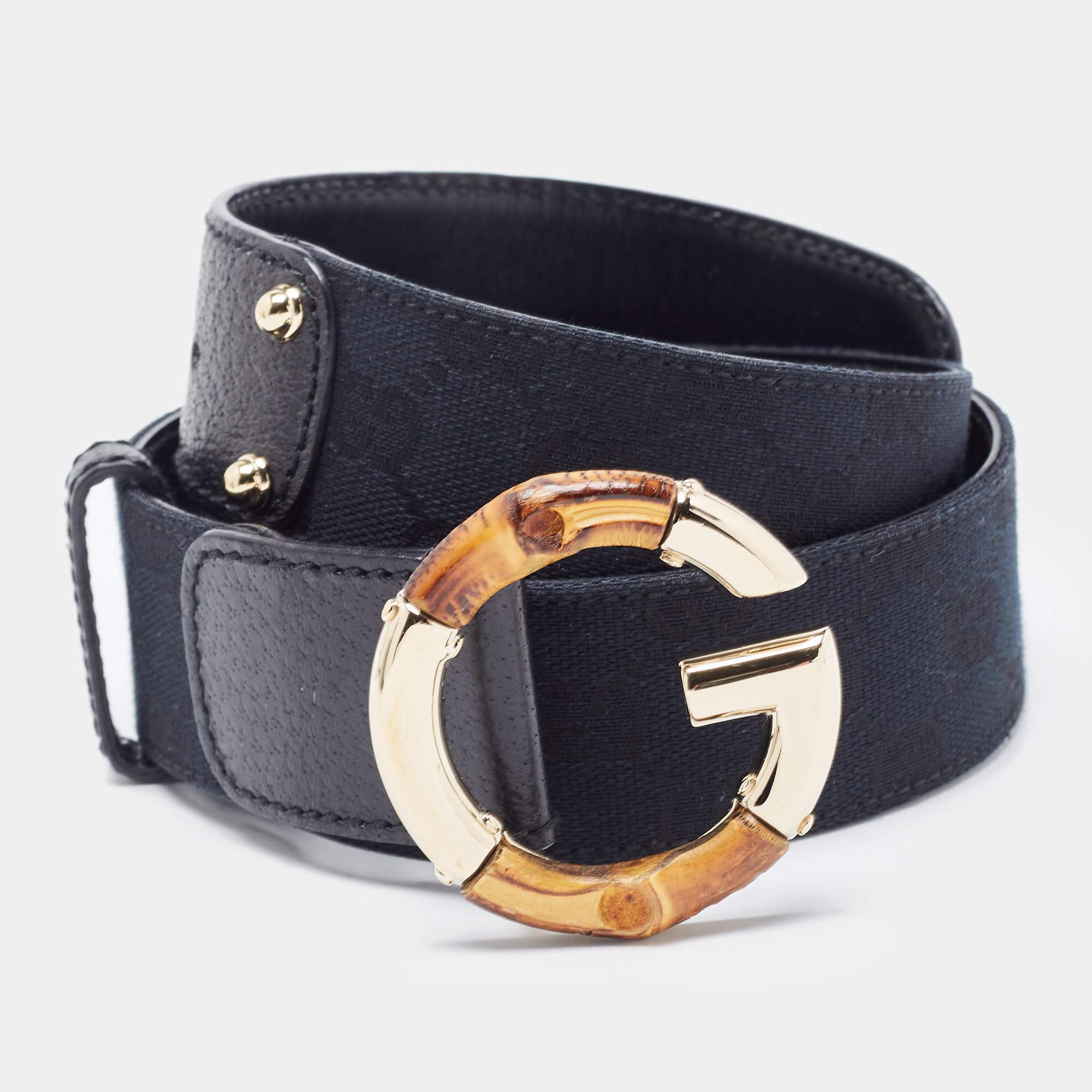 Men's Gucci Black GG Canvas and Leather Bamboo G Buckle Belt 85CM