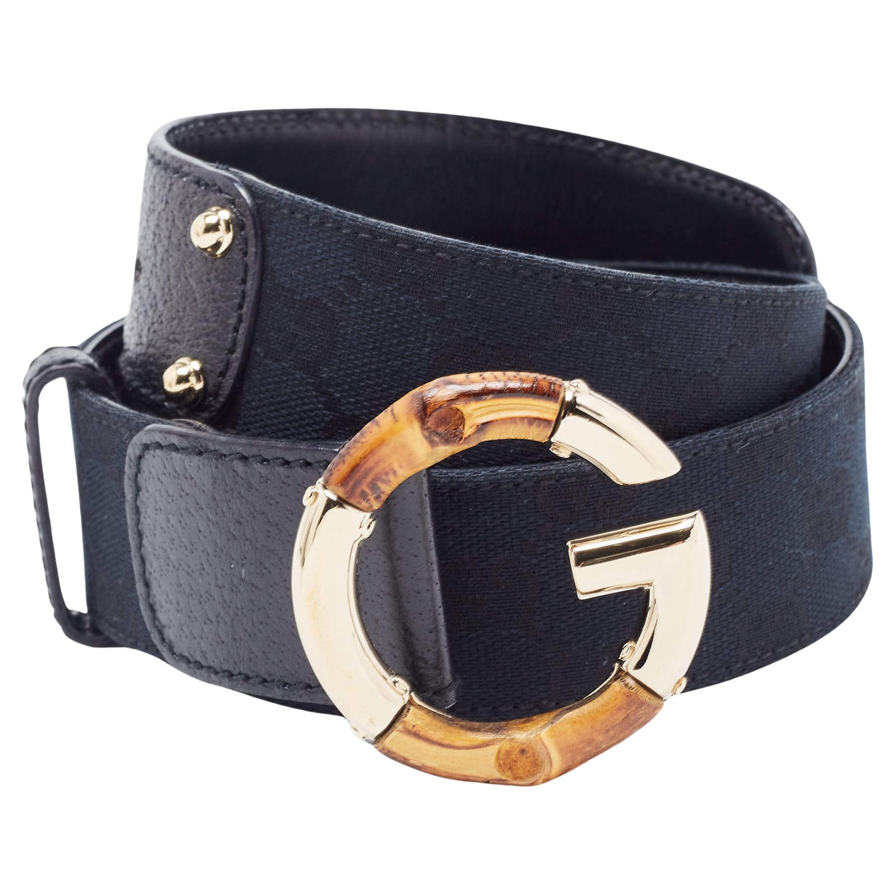 Gucci Black GG Canvas and Leather Bamboo G Buckle Belt 85CM