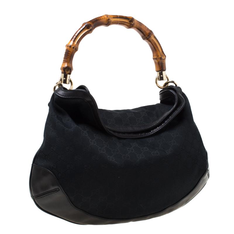 Women's Gucci Black GG Canvas and Leather Bamboo Handle Hobo