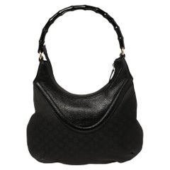 Gucci Black GG Canvas and Leather Bamboo Handle Hobo