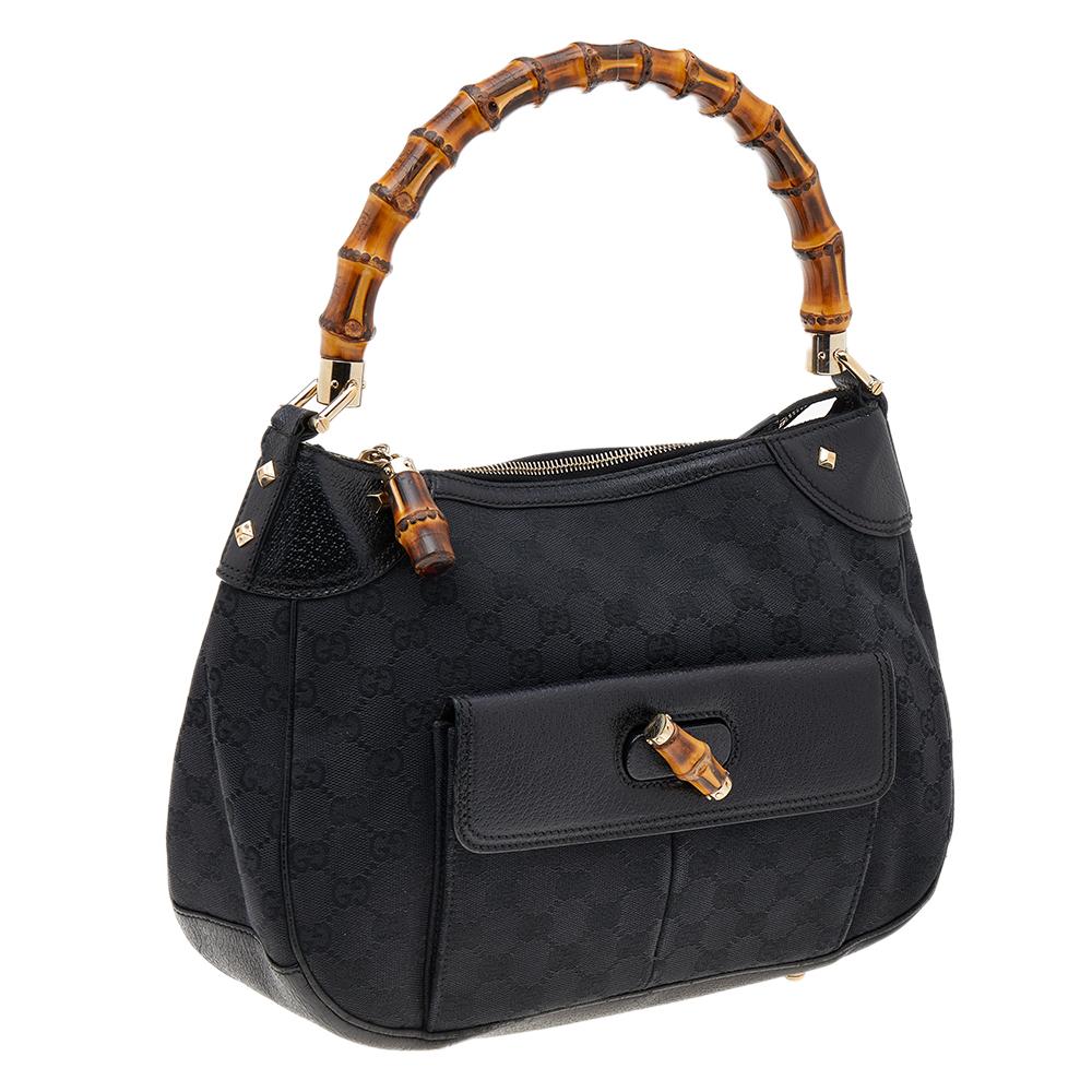 Gucci Black GG Canvas And Leather Bamboo Hobo 6