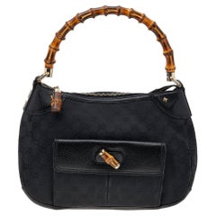Gucci Black GG Canvas And Leather Bamboo Hobo