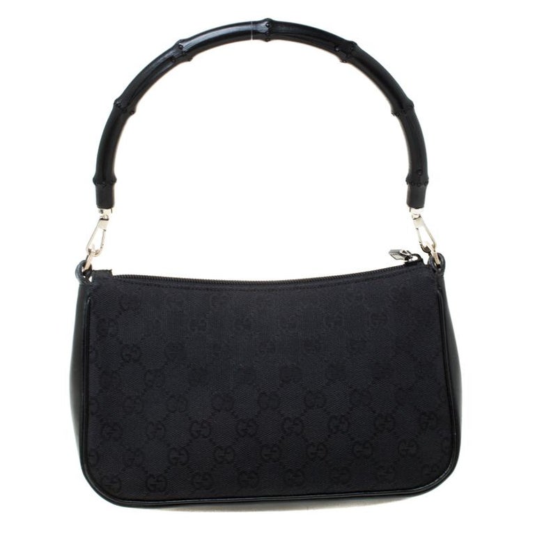 Gucci Black GG Canvas and Leather Bamboo Shoulder Bag For Sale at 1stDibs