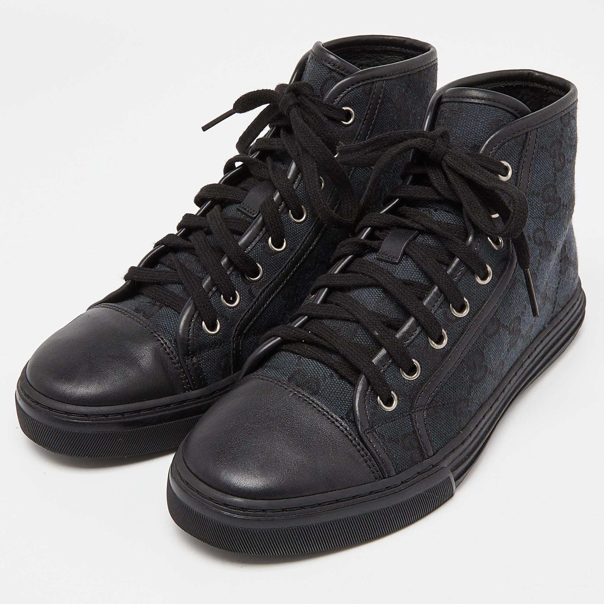Gucci Black GG Canvas and Leather Brooklyn High Top Sneakers Size 37.5 In Good Condition For Sale In Dubai, Al Qouz 2