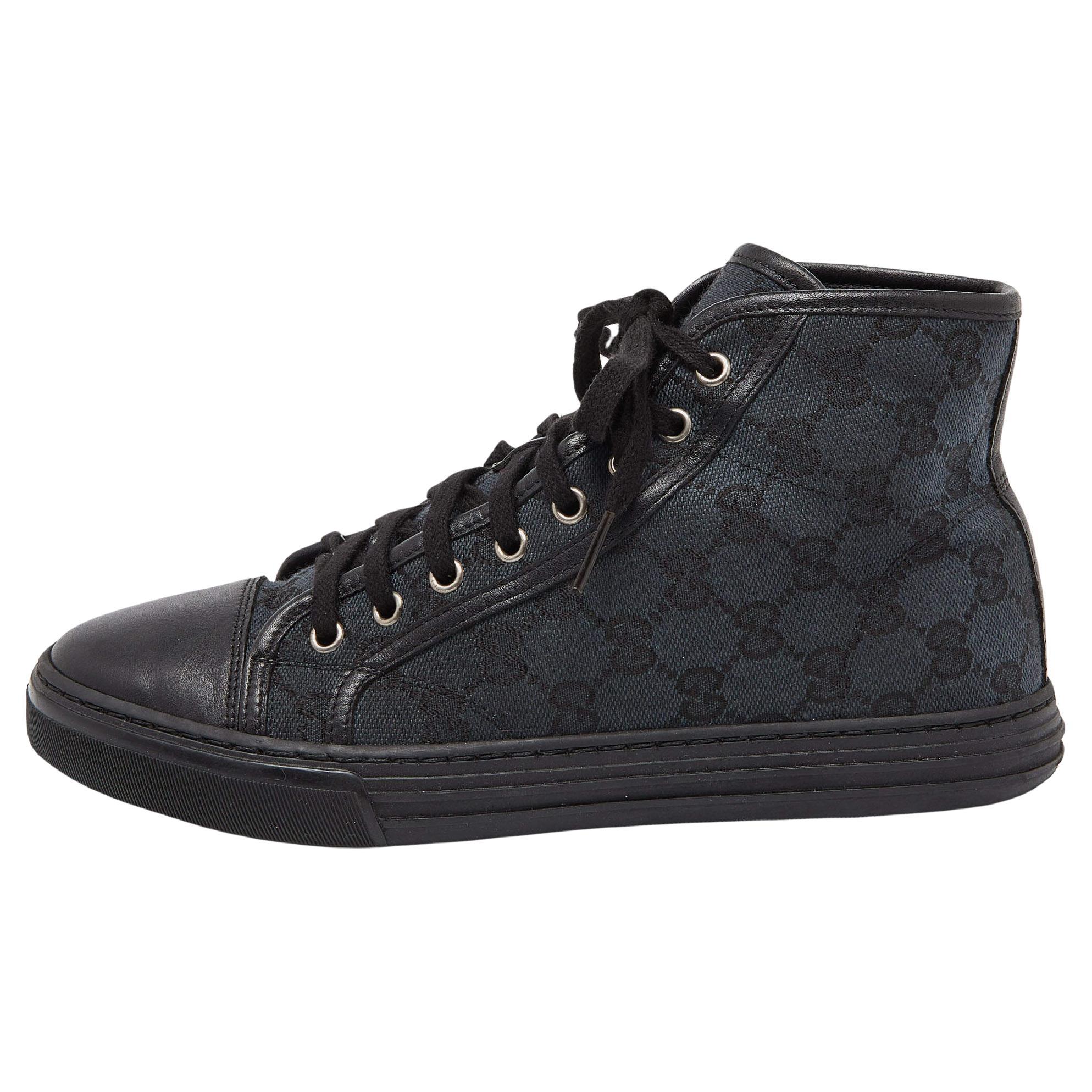 Gucci Black GG Canvas and Leather Brooklyn High Top Sneakers Size 37.5 For Sale