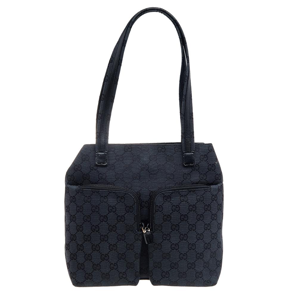 Gucci Schwarze GG-Tasche aus Segeltuch und Leder mit doppelter Tasche im  Angebot bei 1stDibs