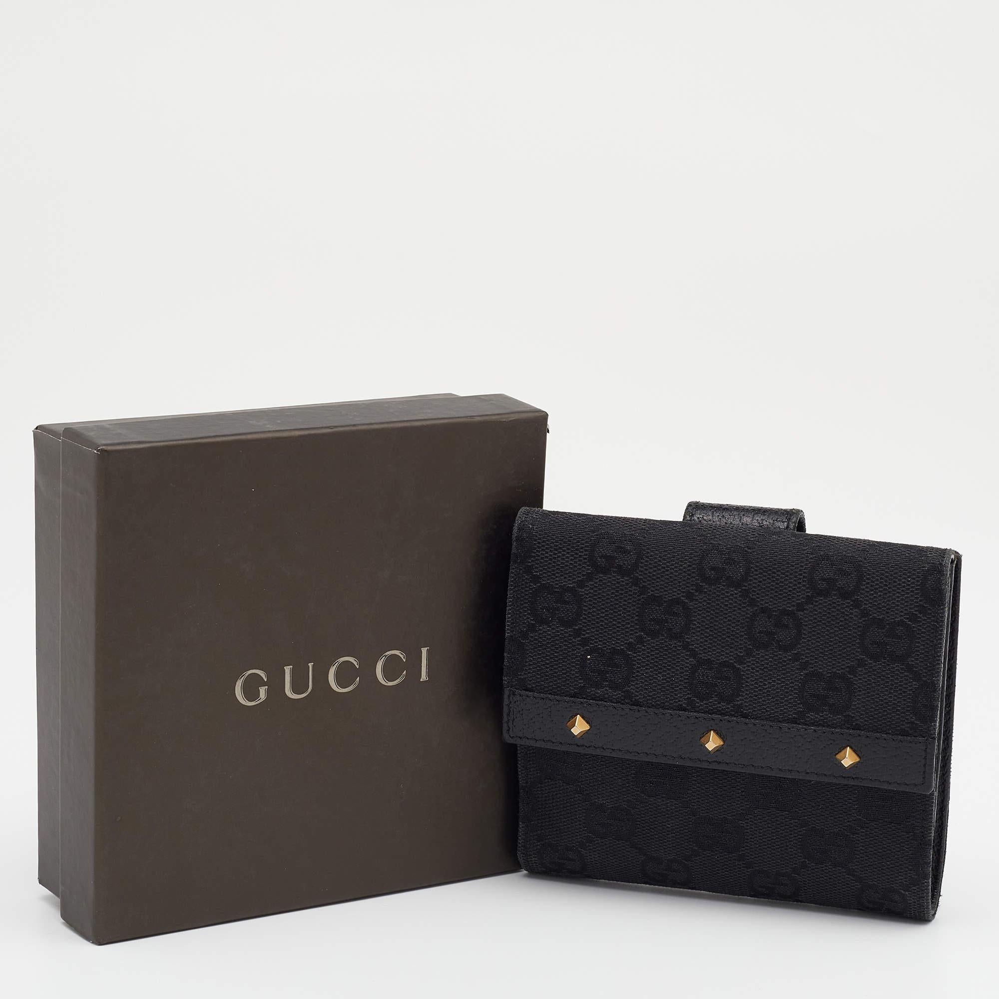 Gucci Black GG Canvas And Leather Flap Studded Compact Wallet 10