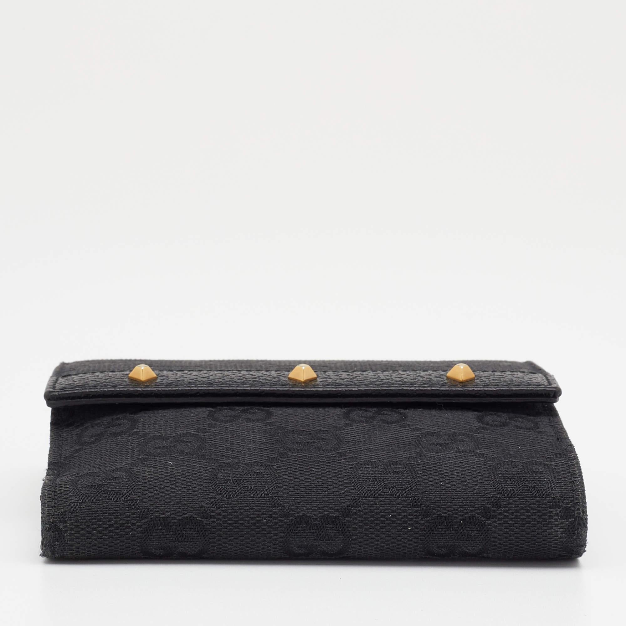Women's Gucci Black GG Canvas And Leather Flap Studded Compact Wallet