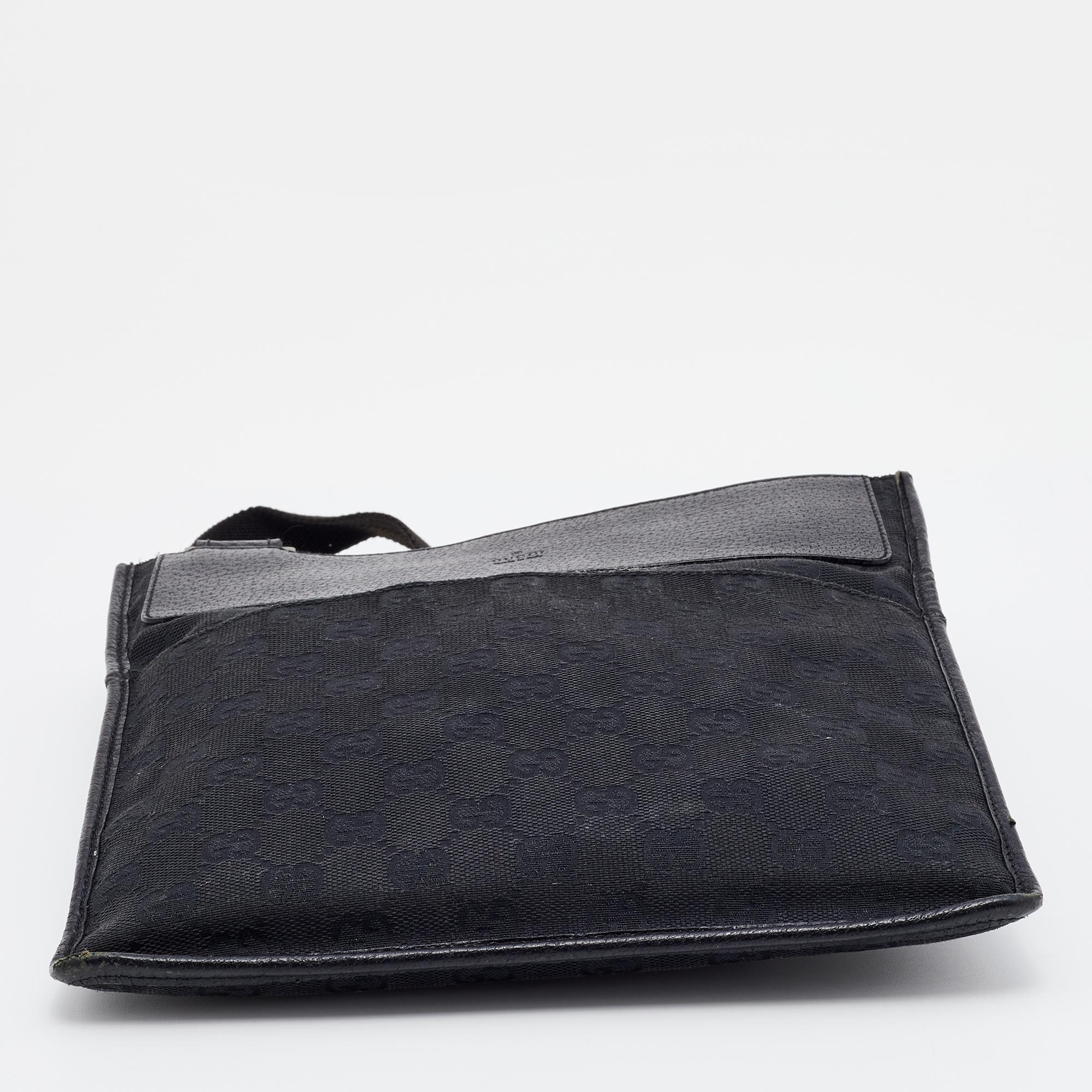 Gucci Black GG Canvas And Leather Flat Messenger Bag 4
