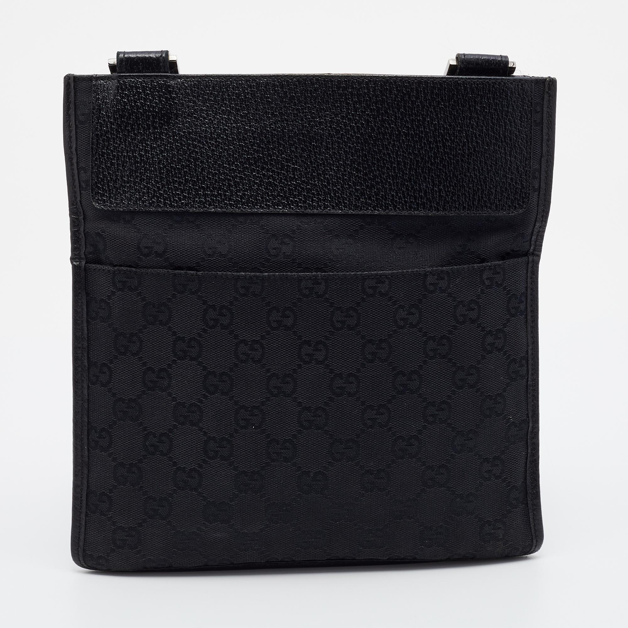 Gucci Black GG Canvas And Leather Flat Messenger Bag 2