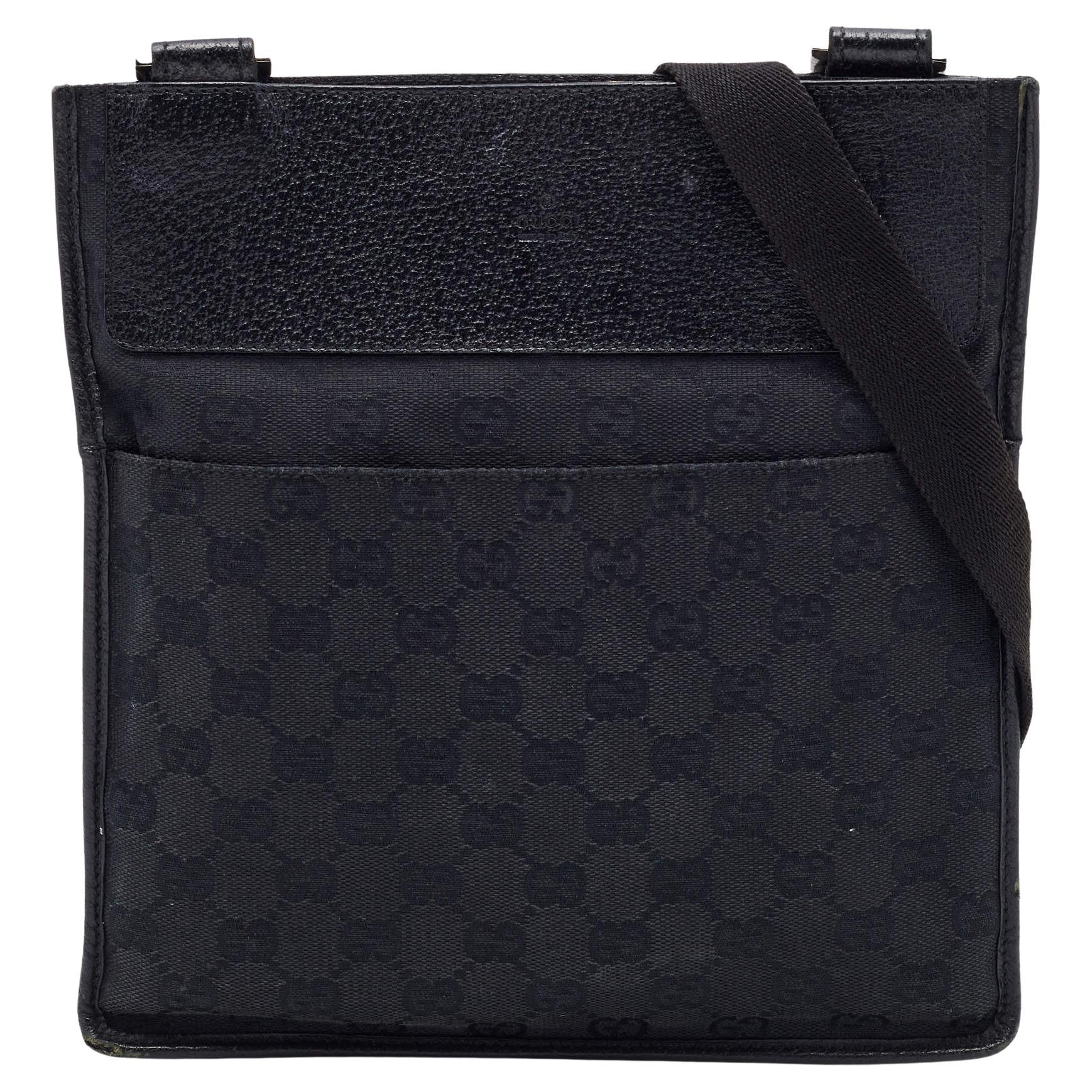Gucci Black GG Canvas And Leather Flat Messenger Bag