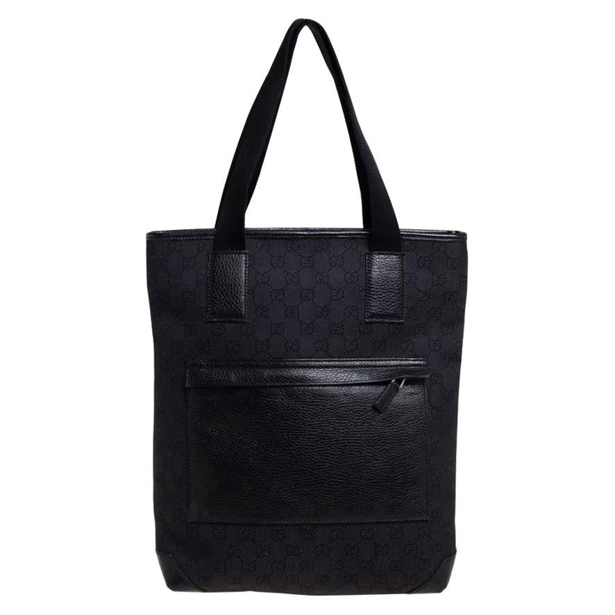 Gucci Black GG Canvas and Leather Front Pocket Vertical Tote
