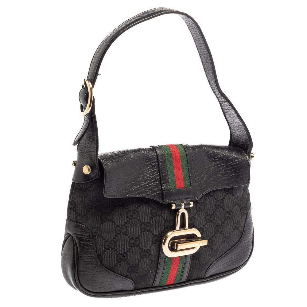 Gucci Schwarze GG Umhängetasche aus Canvas und Leder mit G-Schnalle Damen