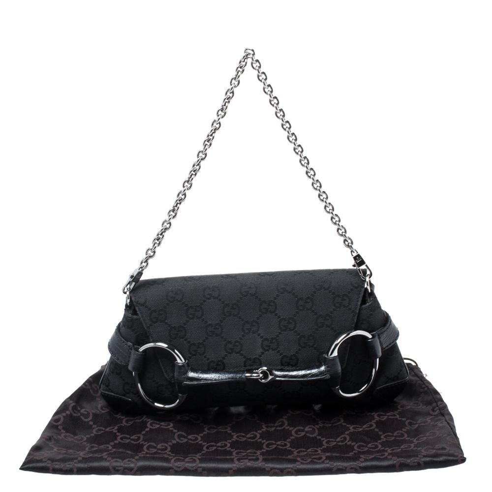 Gucci Black GG Canvas and Leather Horsebit Chain Clutch 8