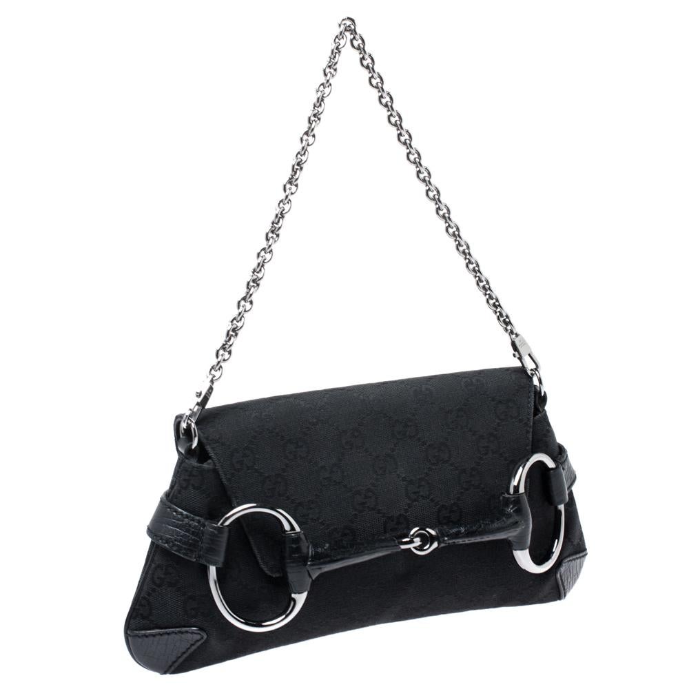 Women's Gucci Black GG Canvas and Leather Horsebit Chain Clutch