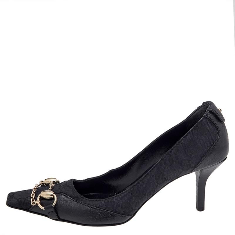 Gucci Black GG Canvas And Leather Horsebit Pumps Size 37.5 For Sale 1