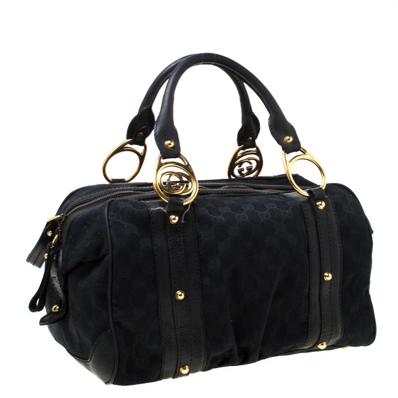 Women's Gucci Black GG Canvas and Leather Interlocking Boston Bag