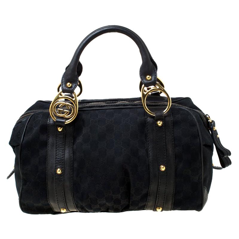 Gucci Black GG Canvas and Leather Interlocking Boston Bag