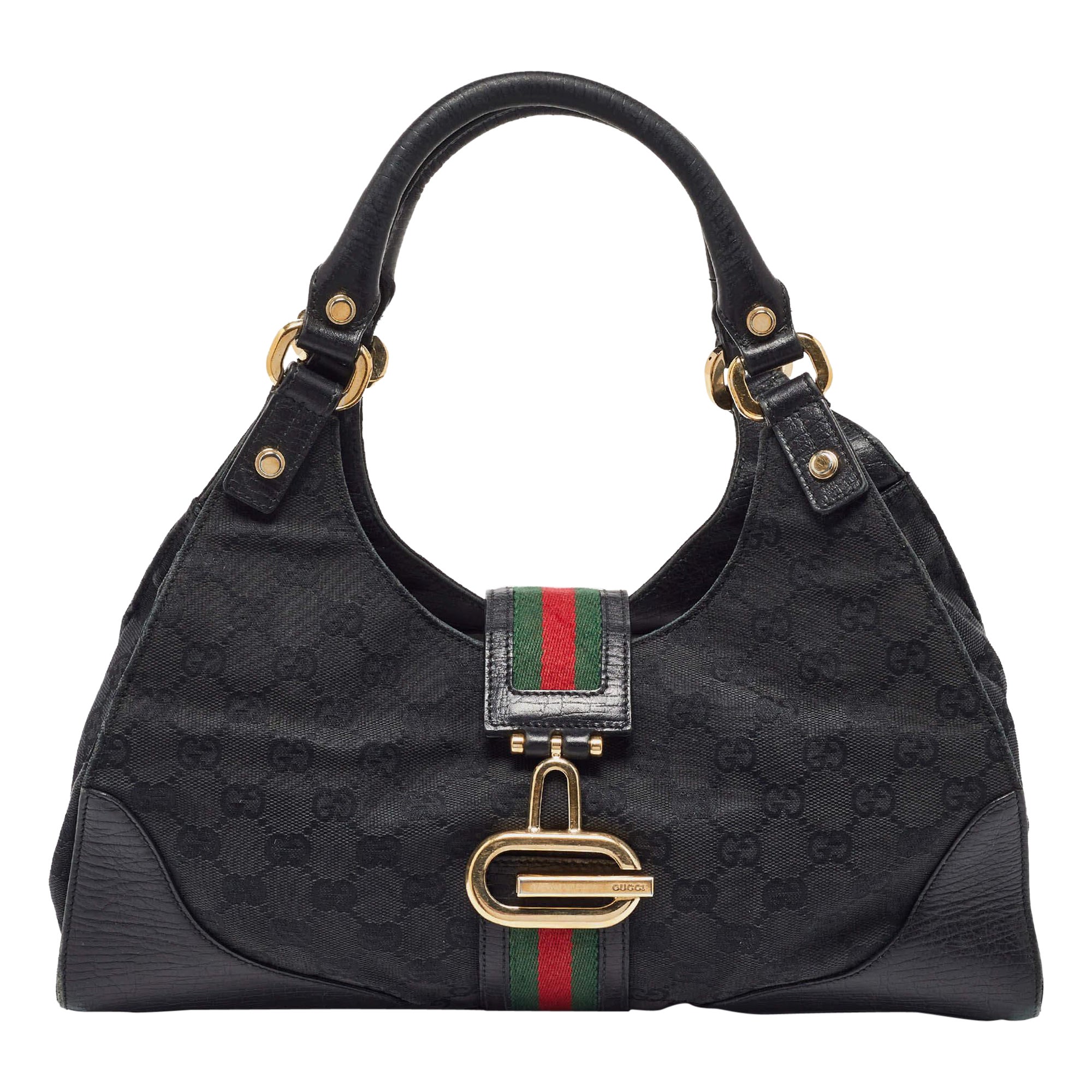 Gucci Borsa a tracolla nera in tela e pelle GG Junco