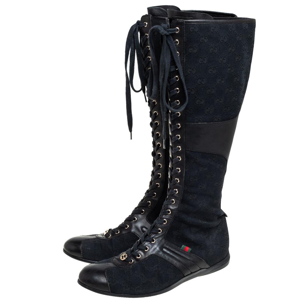 Gucci Black GG Canvas And Leather Knee Length Boots Size 38 In Good Condition In Dubai, Al Qouz 2