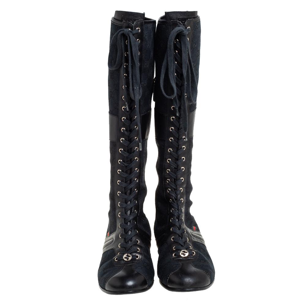 Women's Gucci Black GG Canvas And Leather Knee Length Boots Size 38