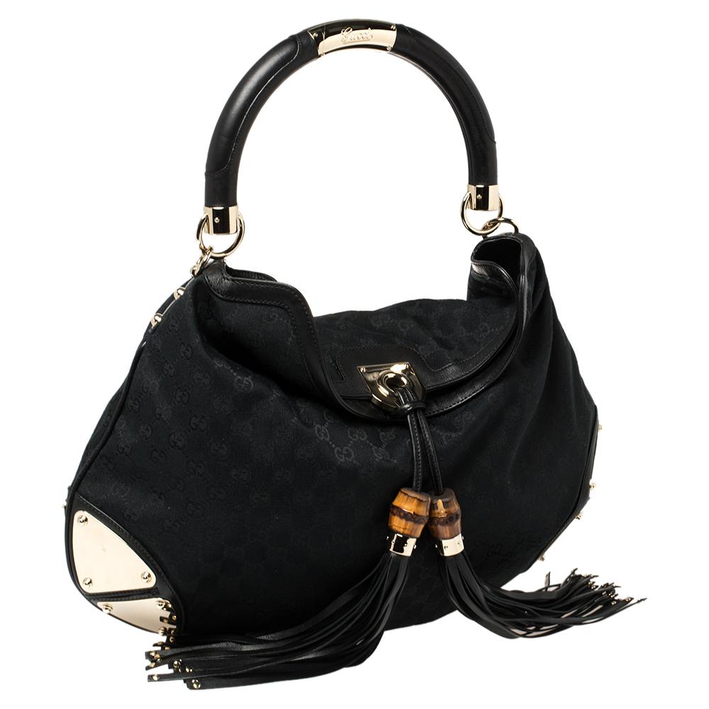 Gucci Black GG Canvas and Leather Large Babouska Indy Hobo In Good Condition In Dubai, Al Qouz 2