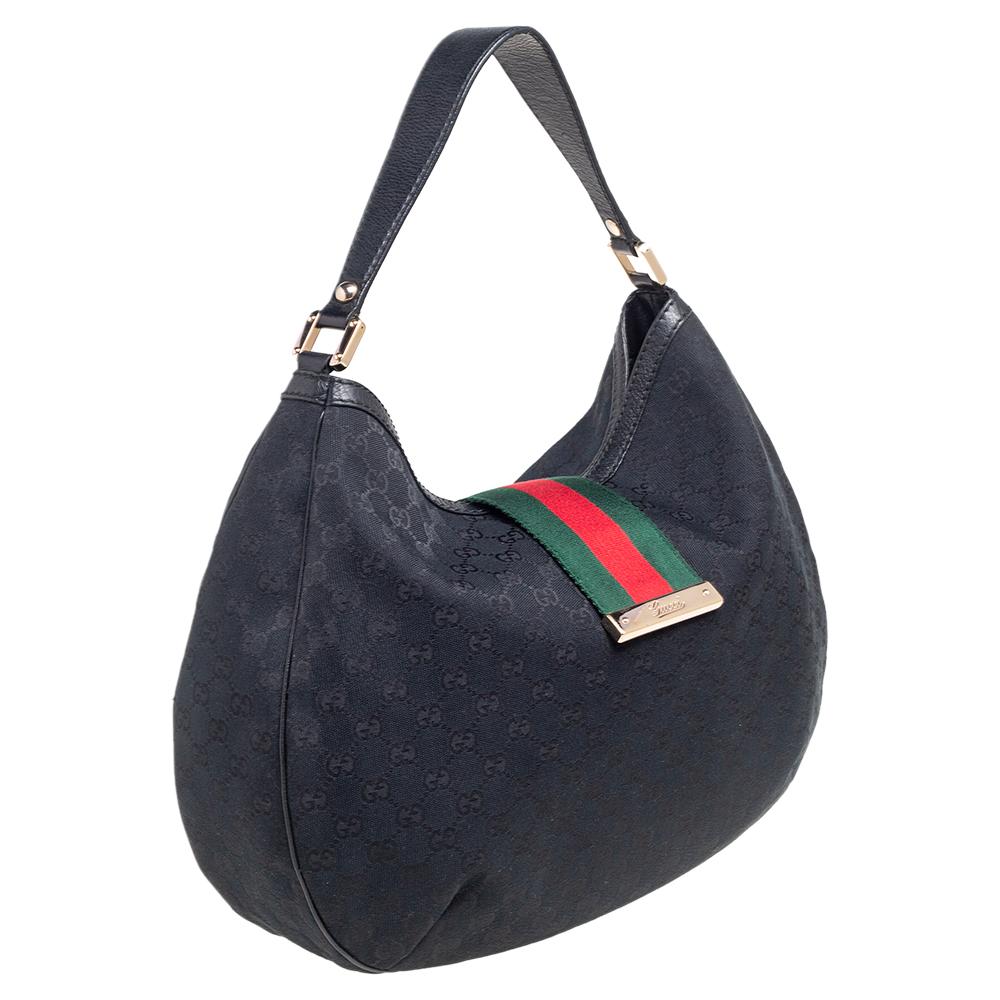 Women's Gucci Black GG Canvas and Leather Large New Ladies Web Hobo