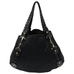 Gucci Black GG Canvas and Leather Medium Horsebit Pelham Shoulder Bag